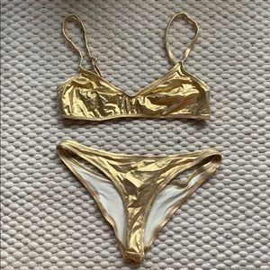 Gold solid & striped bikini set